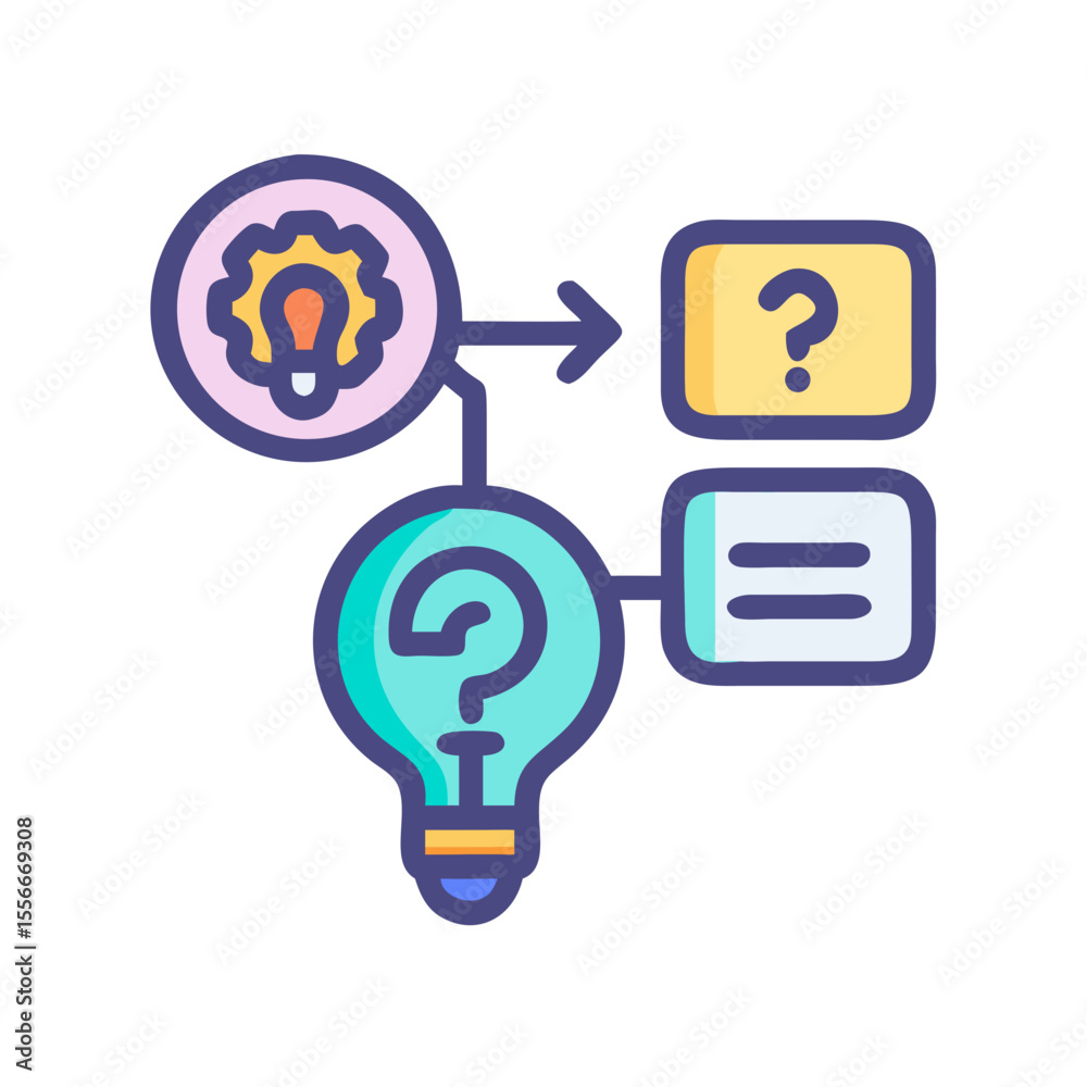 Poster conceptual illustration of problem solving process with question mark, lightbulb and idea developmen