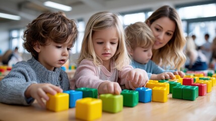 Preschoolers stacking colorful blocks during therapy, showing teamwork and focus, educators assisting, inclusive and joyful environment