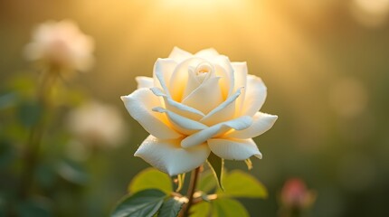  white rose flower blooming in a garden, softly lit by warm sunlight