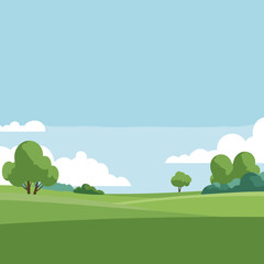 Minimalist flat vector illustration of a green grassy field with trees and blue sky, using simple shapes and colors on white background