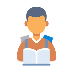 Flat design illustration of a student reading a book with backpack on black background