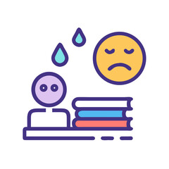 Frustrated student with books and sad face emoji against a black background