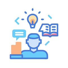 Creative thinking illustration with a person, light bulb, open book, and speech bubble on black background