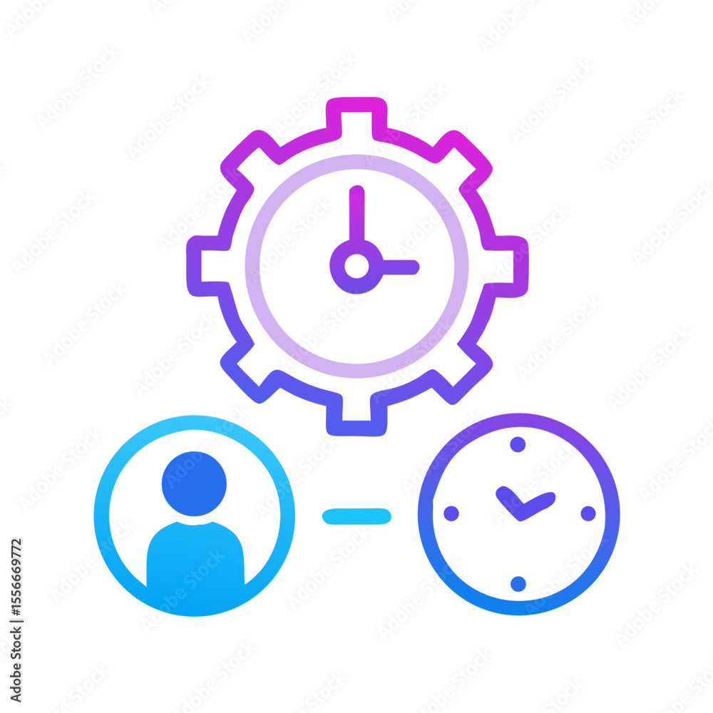 Poster time management system showing workflow between employee, clock, and operational efficiency via gear