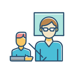 Professional teaching and learning flat icon illustration, with teacher and student in a classroom.