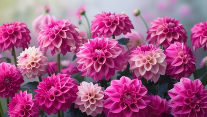 magenta pink dahlias arranged artistically with copy space on one side