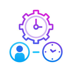 Time management system showing workflow between employee, clock, and operational efficiency via gear icon