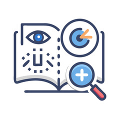 Data Analysis and Identification Book with Magnifying Glass and Eye Icon
