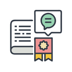 Symbolic illustration of knowledge, learning, and achievement depicted with a book, badge, and conversation bubble
