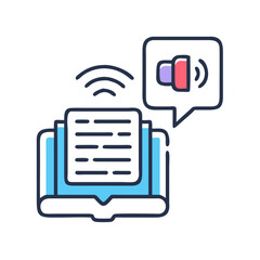 Audiobook listening app icon with laptop, text, speaker, and Wi-Fi connection