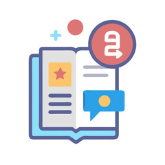 Flat illustration of book with star, chat bubble and arrow pointing right on black background