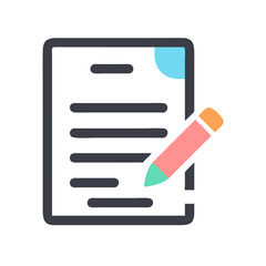 Simple stylized icon illustration depicting document with text lines and pink pencil on black background
