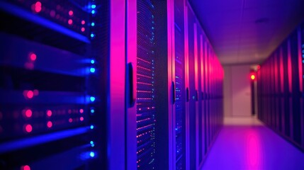 Server racks glow blue and pink in dark, narrow corridor