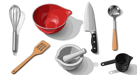 Illustration of a whisk red mixing bowl spatula mortar and pestle knife spoon and measuring cup set