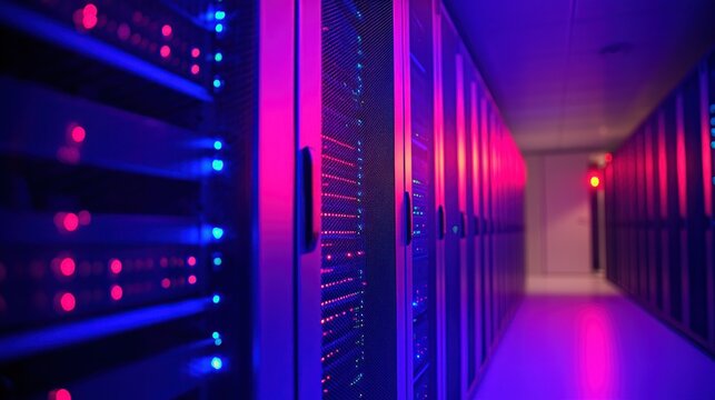 Server racks glow blue and pink in dark, narrow corridor