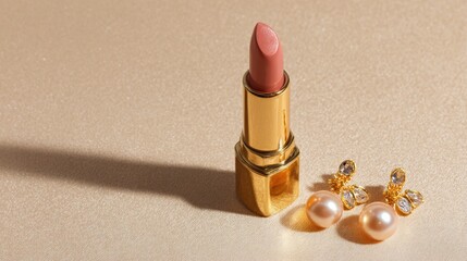 Gold Lipstick And Pearl Earrings On Glittery Background