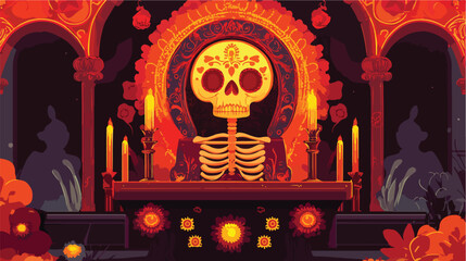 Day of the Dead Skull with Altar in Flat Vector Style