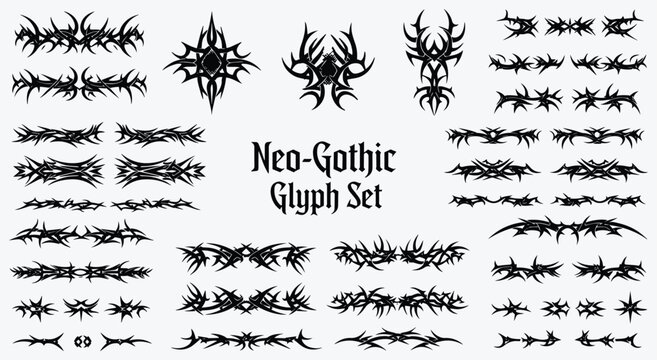 Neo-Gothic Glyph Set. Tribal Tattoo Flash. Black vector graphics with sharp dividers, frames, and symbols for logos, t-shirts, or edgy branding.