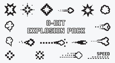 8-Bit Explosion Pack. Pixel Art FX. Retro video game sprite set with blasts, smoke puffs, and speed effects for animation, games, or icons.