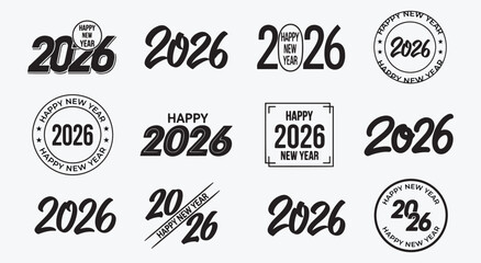 Happy New Year 2026 Logo Set. Modern typography and badge collection for greeting cards, banners, and holiday invitations. Vector design elements.