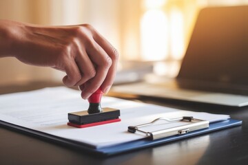 Hand stamping document on clipboard, office workflow with laptop in background