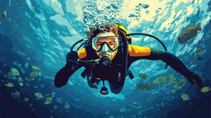 Underwater Diver with Snorkel Flat Vector Illustration