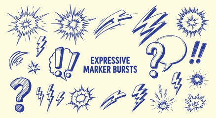 Expressive Marker Bursts. Comic Book Doodle Set. Hand drawn vector explosions, lightning bolts, and punctuation for posters, stickers, or pop art designs.