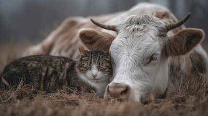 Cow and cat resting in hay