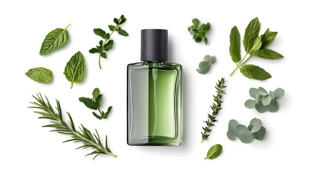 Aromatic Herbal Perfume Bottle Surrounded by Fresh Green Herbs and Leaves