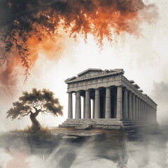 Obraz premium Ancient Greek temple ruins with dramatic sky and lone tree, atmospheric digital artwork blending classical architecture and moody fantasy landscape