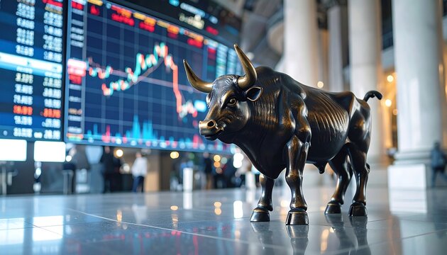 Bronze bull statue in front of stock ticker