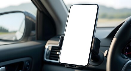 Realistic smartphone screen mockup, blank navigation app display, in-car phone holder, modern travel technology