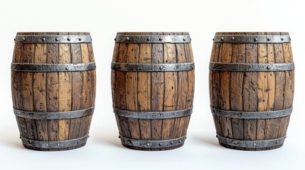 Three wooden barrels with metal hoops, aged