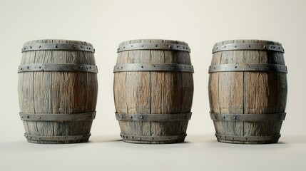 Obraz premium Three weathered wooden barrels stand in a neutral setting