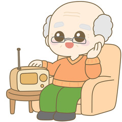 라디오 듣는 할아버지 일러스트_편안한 노년의 일상