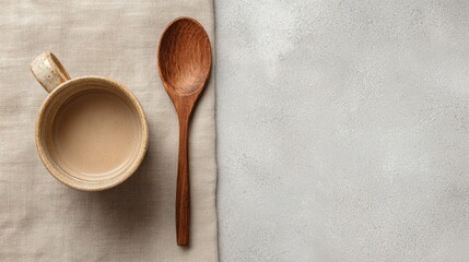 Beige Coffee Cup With Wooden Spoon On Tablecloth