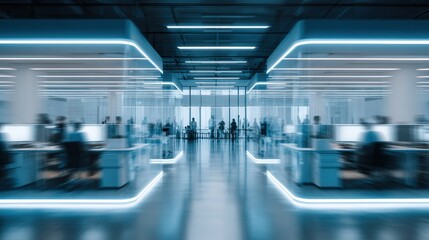 Modern neon open space office, people working, interior blurred with information technology overlay  