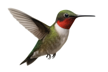 Fototapeta premium Ruby-throated hummingbird hovering with spread wings, transparent isolated background