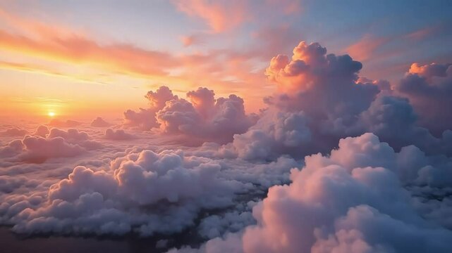 Golden sunlight paints the fluffy clouds at sunset, creating a serene and beautiful skyscape panorama