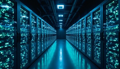 Illuminated Server Room with Rows of Data Storage Units