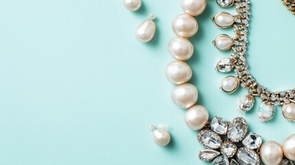 Elegant Pearl And Diamond Jewelry On Light Teal Background