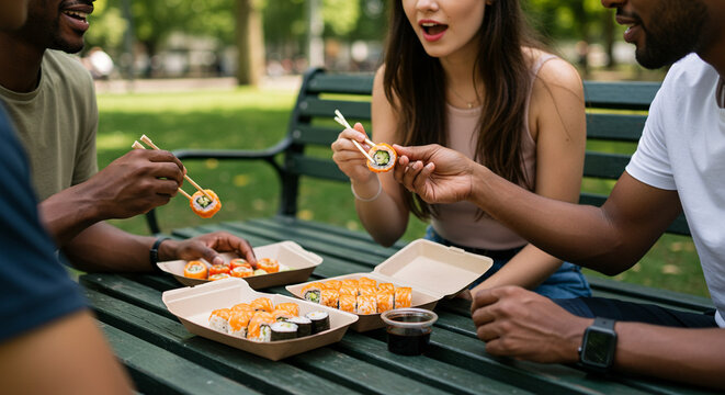 Friends at a park bench sharing takeout sushi