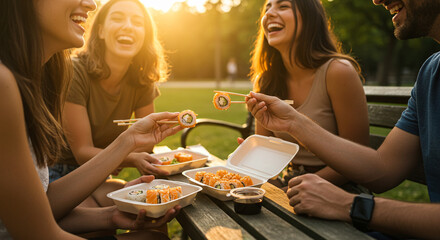 Friends at a park bench sharing takeout sushi