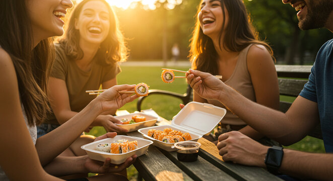Friends at a park bench sharing takeout sushi - Powered by Adobe