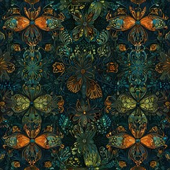 Enchanting floral and butterfly pattern rich jewel tones exquisite detail perfect for textile design