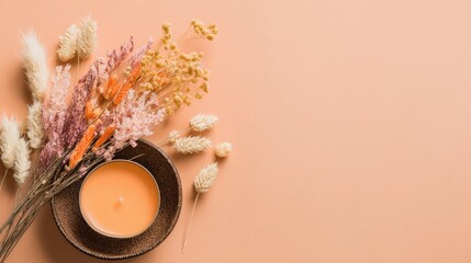 Dried Flower Arrangement With Candle On Peach Background