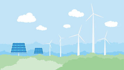 Clean Energy Fields, Solar Panels and Wind Turbines ,technology power saving, vector design