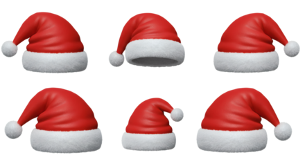 Six santa hats arranged in two rows against a transparent background for christmas holiday season theme