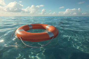 Life buoy or rescue buoy floating on sea to rescue people from drowning man.