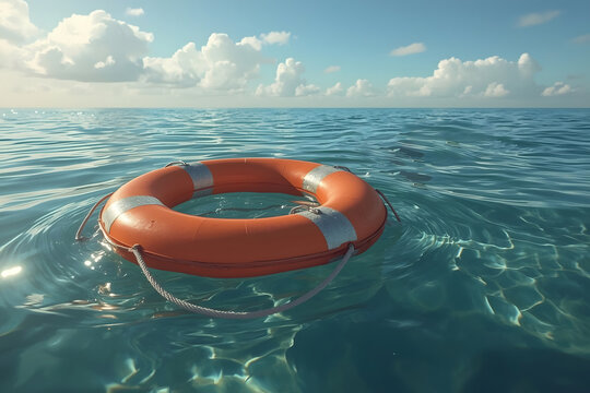 Life buoy or rescue buoy floating on sea to rescue people from drowning man.